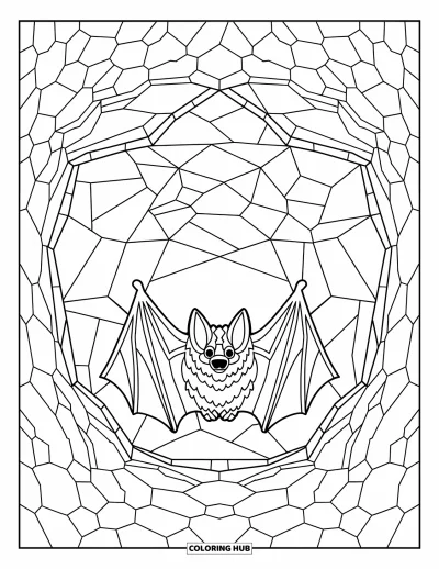 Desen de colorat cu animale care hibernează pentru adulți: Un liliac hibernează într-o peșteră realizată din vitralii și pereți stâncoși cu modele