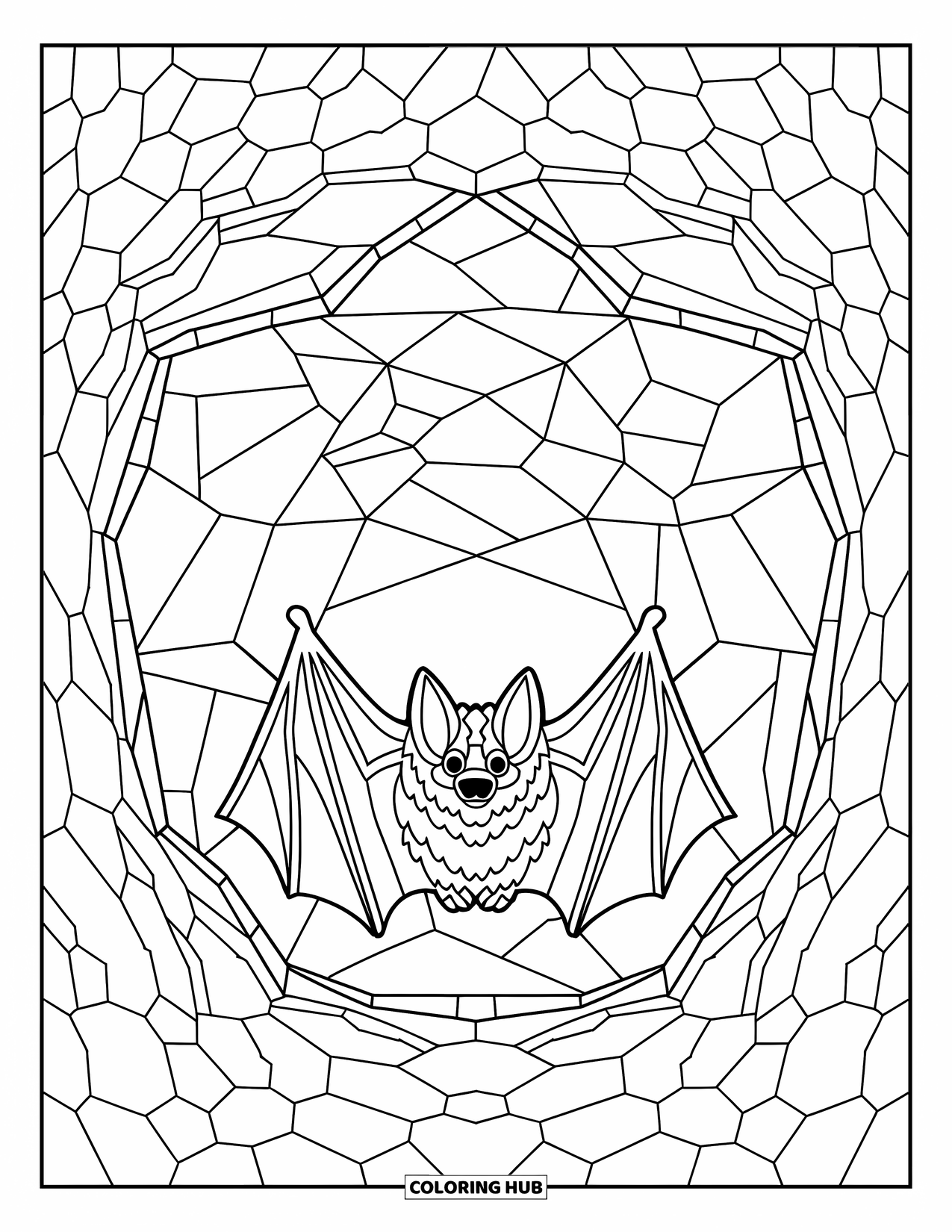 Hibernating Animals Coloring Page for Adults: A bat hibernates inside a cave made of stained glass and patterned rock walls
