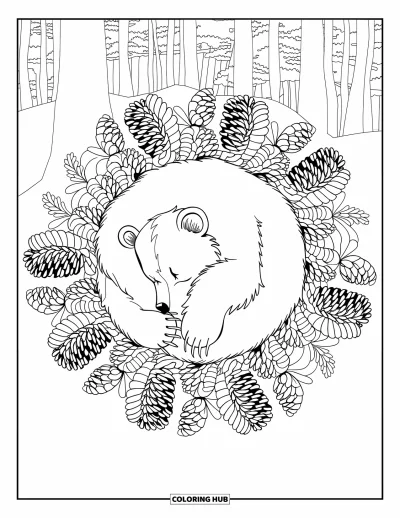 Desen de colorat cu animale care hibernează pentru adulți: Un urs se ghemuiește pentru a hiberna în interiorul unui mandala de conuri de brad și ferigi de pădure