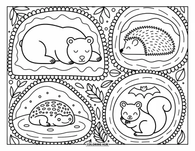 Desen de colorat cu animale care hibernează pentru adulți: Un urs, un arici, o broască, un liliac și o veveriță hibernează împreună într-o secțiune transversală de iarnă