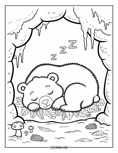 Desen de colorat cu animale care hibernează pentru adulți: Un urs hibernează într-o peșteră stâncoasă cu frunze, mușchi și delicate linii de "Zzz" în jur