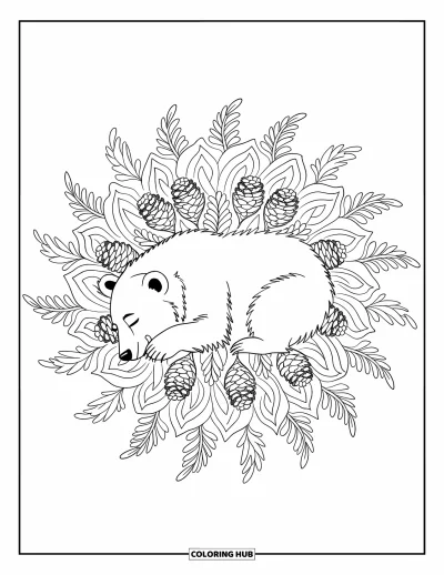 Desen de colorat cu animale care hibernează pentru adulți: Un urs hibernează în interiorul unui mandala de conuri de brad și ferigi uscate de pădure