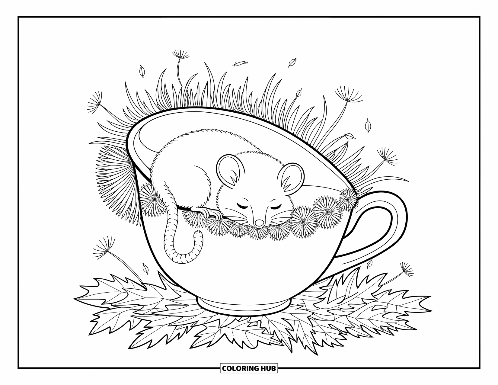 Hibernating Animals Coloring Page for Adults: A dormouse hibernates peacefully in a teacup surrounded by petals and soft forest debris