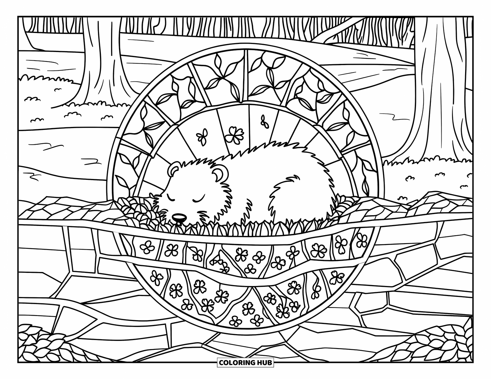 Hibernating Animals Coloring Page for Adults: A groundhog hibernates beneath the earth surrounded by flowers, roots, and stained glass patterns
