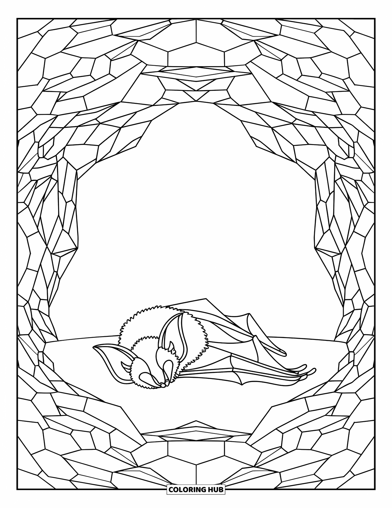 Hibernating Animals Coloring Page for Adults: A hibernating bat rests inside a symmetrical stained glass cave with quiet surroundings
