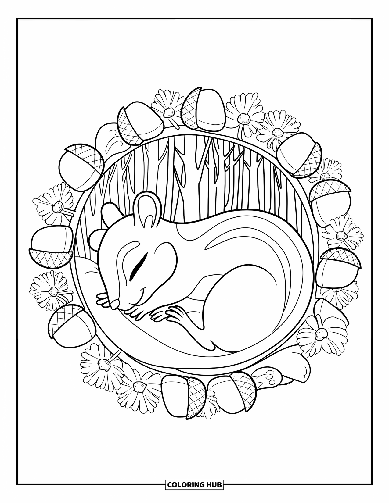 Hibernating Animals Coloring Page for Adults: A hibernating chipmunk rests inside a circle of forest flowers and acorns