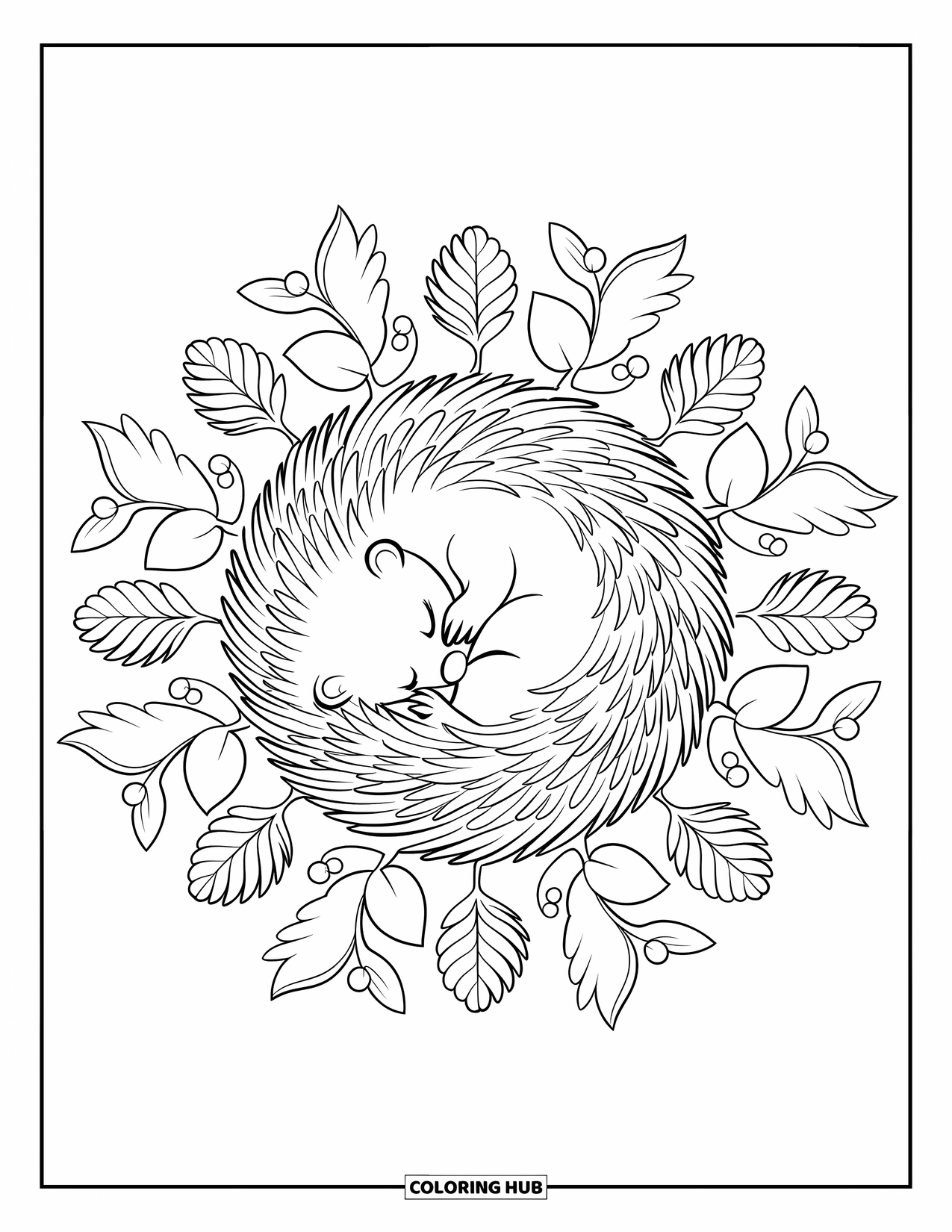 Hibernating Animals Coloring Page for Adults: A hibernating hedgehog is curled up within a leaf-and-berry mandala