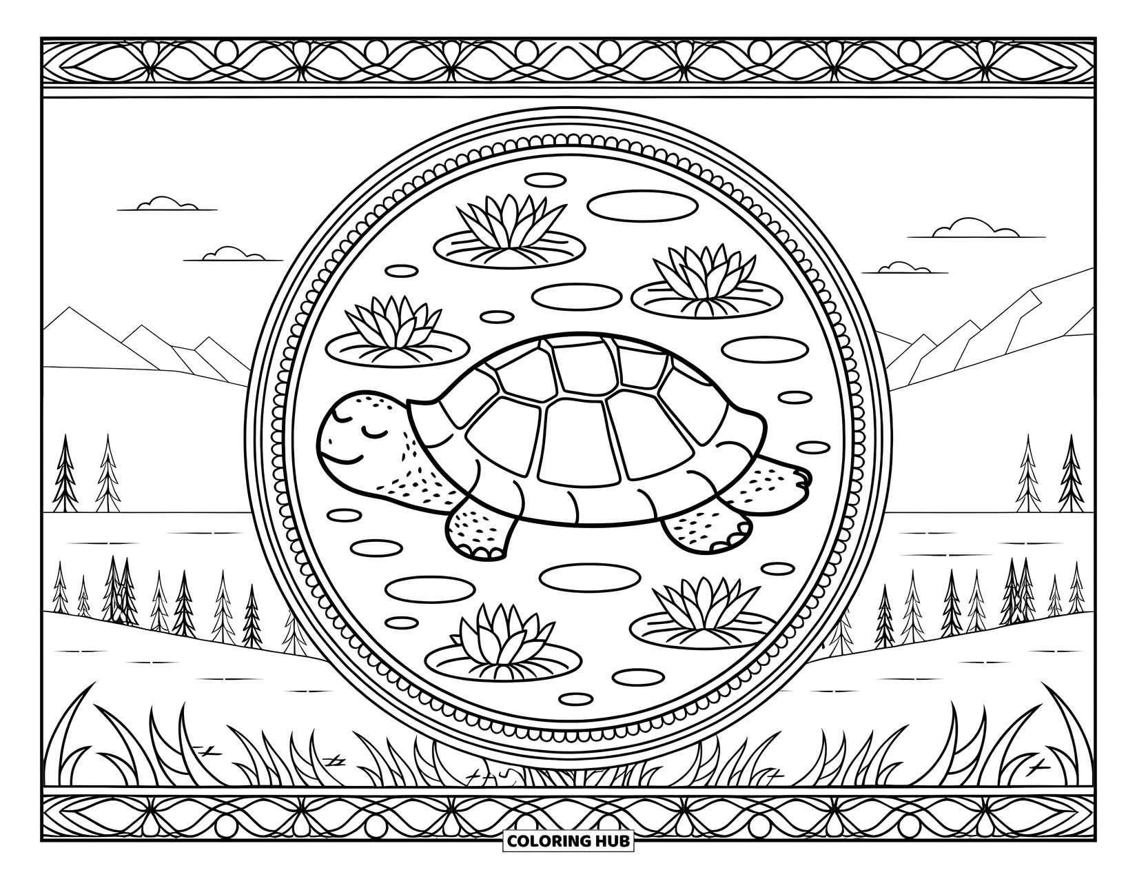 Hibernating Animals Coloring Page for Adults: A hibernating turtle rests quietly in a round pond with lilies and mountain views