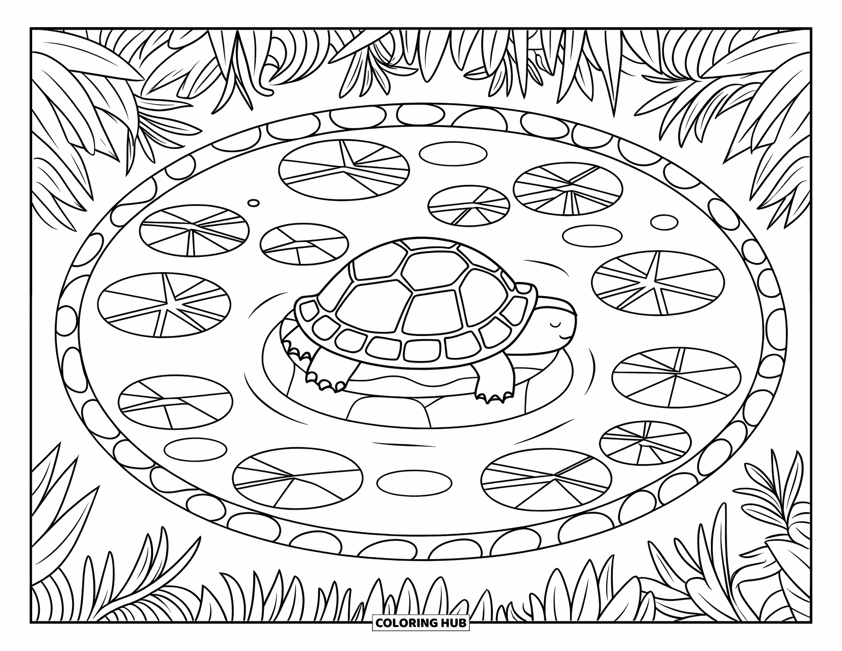 Hibernating Animals Coloring Page for Adults: A turtle hibernates on a stone in a lily-filled pond surrounded by peaceful nature