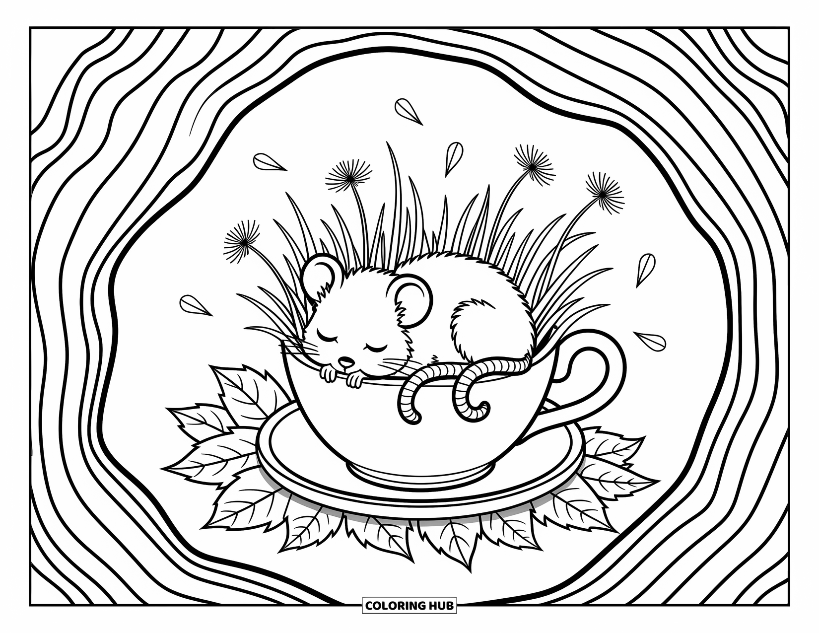 Hibernating Animals Coloring Page for Adults: Hibernating creatures rest in a cross-section of nature filled with snow, trees, and caves
