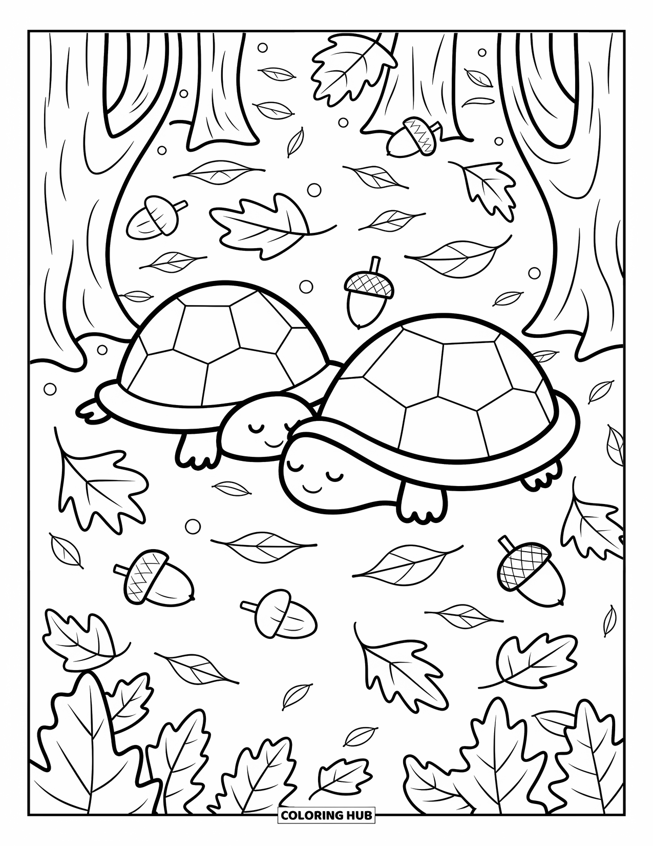 Hibernating Animals Coloring Page for Adults: Hibernating turtles peek from a leaf pile surrounded by forest floor details
