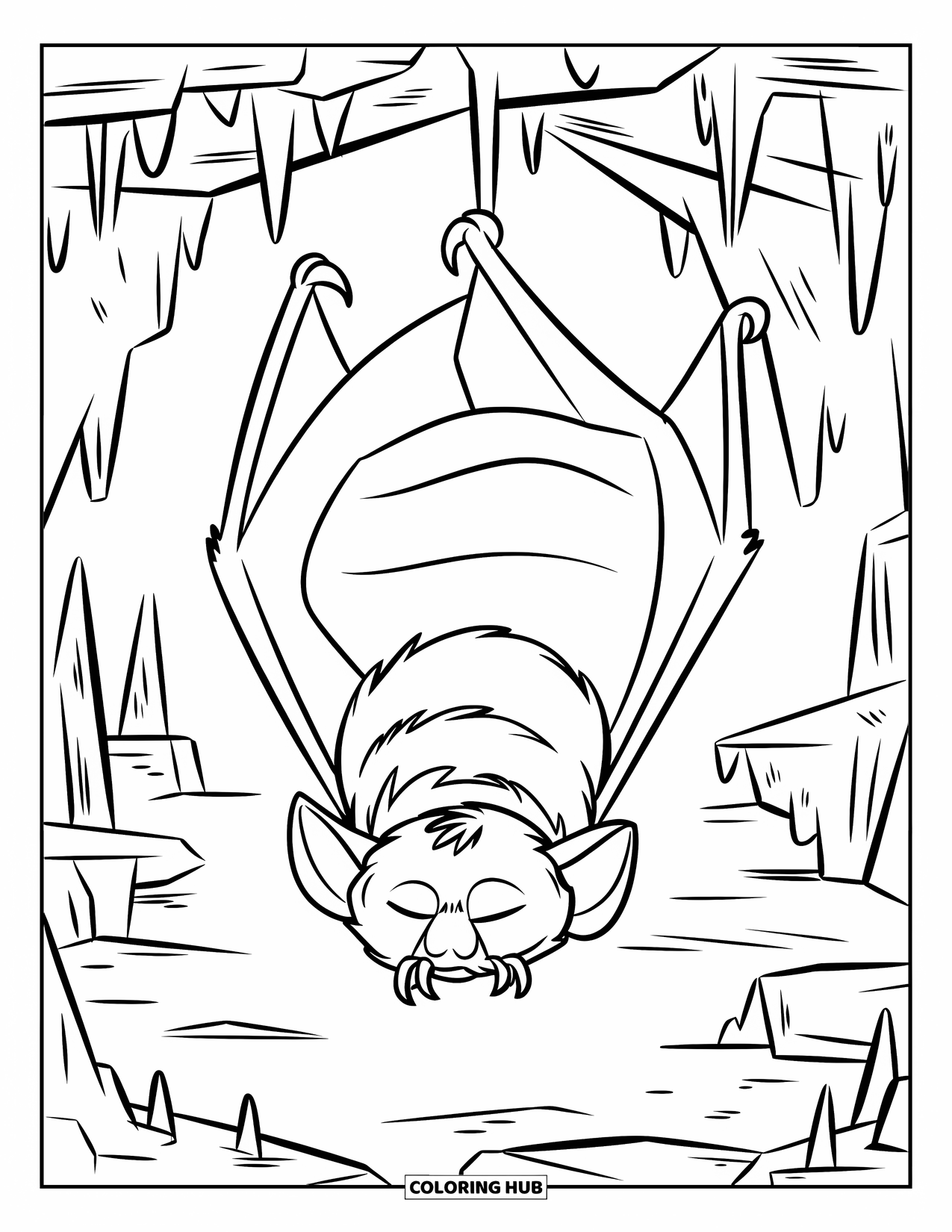 Hibernating Animals Coloring Page for Kids: A bat hibernates hanging in a cave with folded wings and dripping rocks