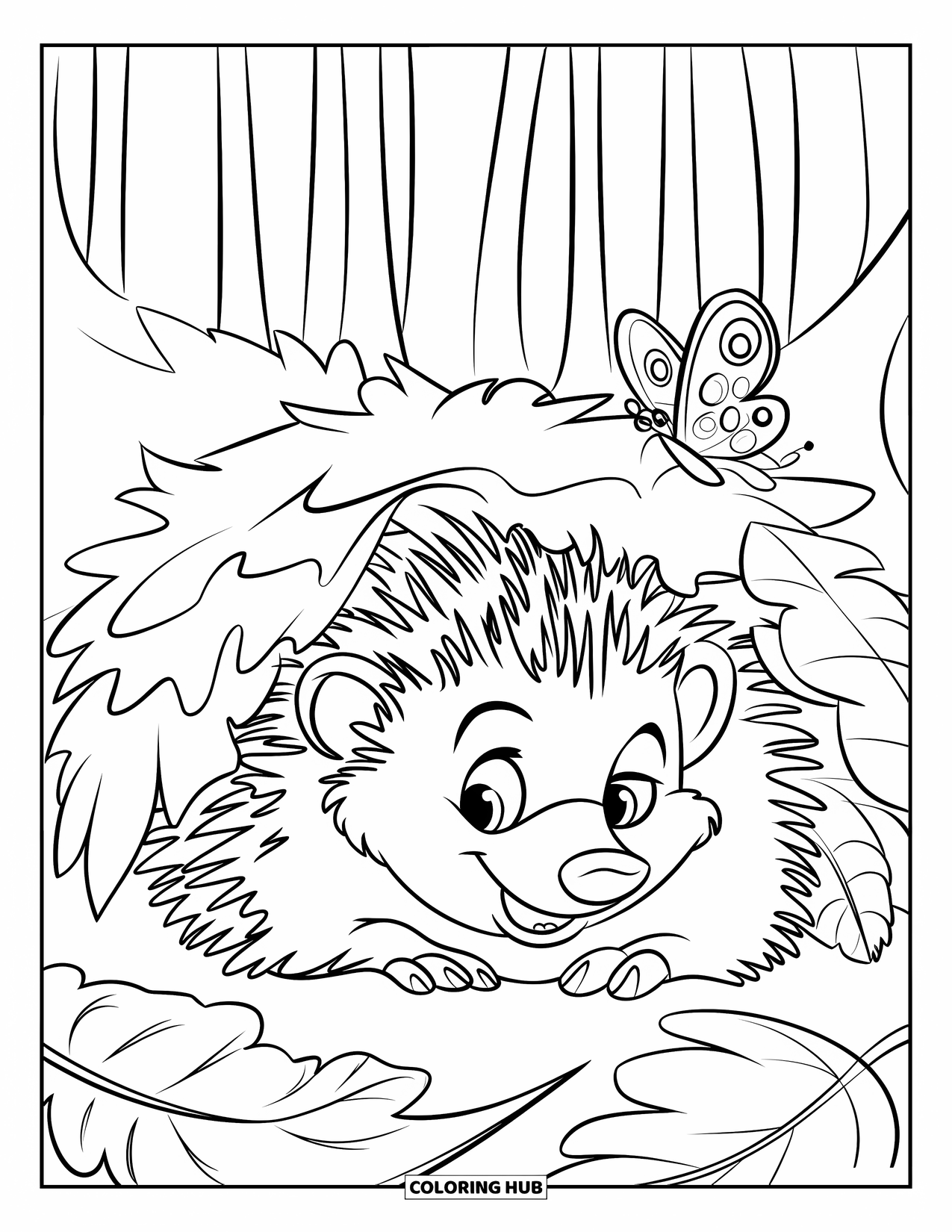 Hibernating Animals Coloring Page for Kids: A butterfly rests nearby while a hedgehog hibernates under a leaf pile