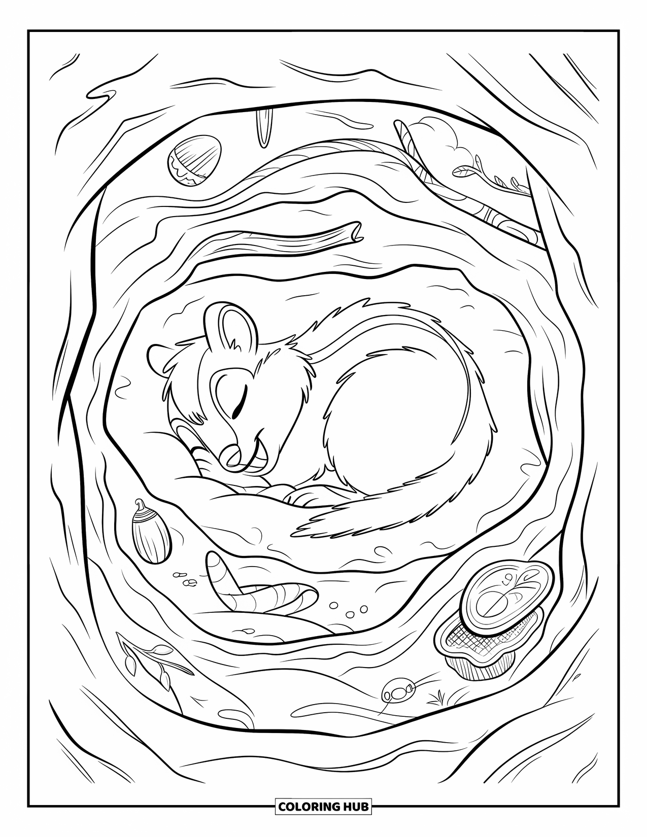 Hibernating Animals Coloring Page for Kids: A chipmunk hibernates in a tunnel filled with nuts, leaves, and cozy chambers