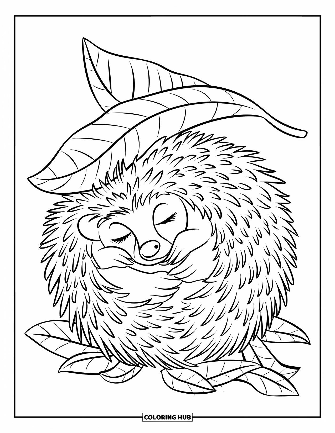 Hibernating Animals Coloring Page for Kids: A hedgehog hibernates beneath leaves with spines gently peeking through