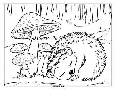 Desen de colorat cu animale care hibernează pentru copii: Un arici hibernează ghemuit lângă un grup de ciuperci în pădure