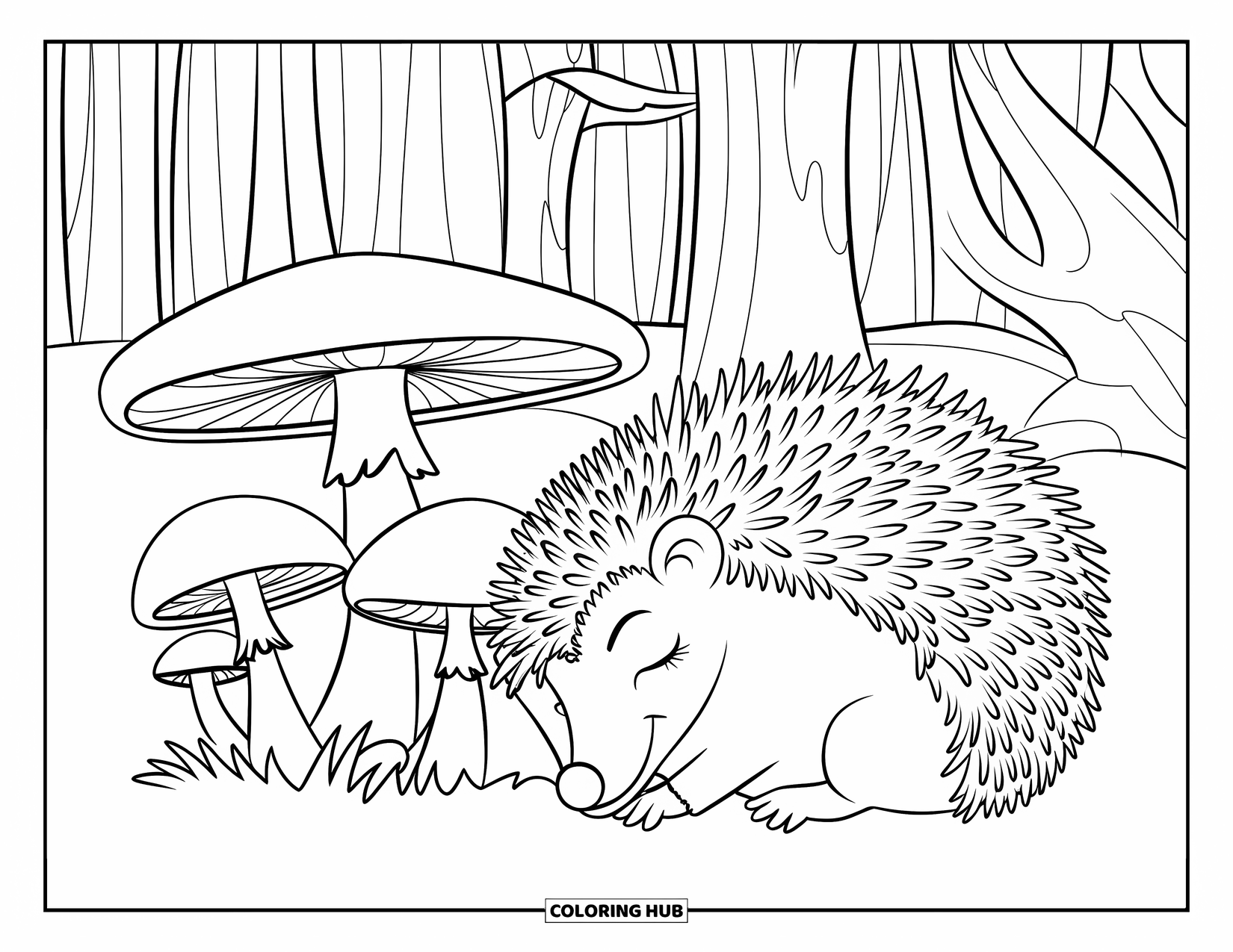 Hibernating Animals Coloring Page for Kids: A hedgehog hibernates near mushrooms in a peaceful forest setting