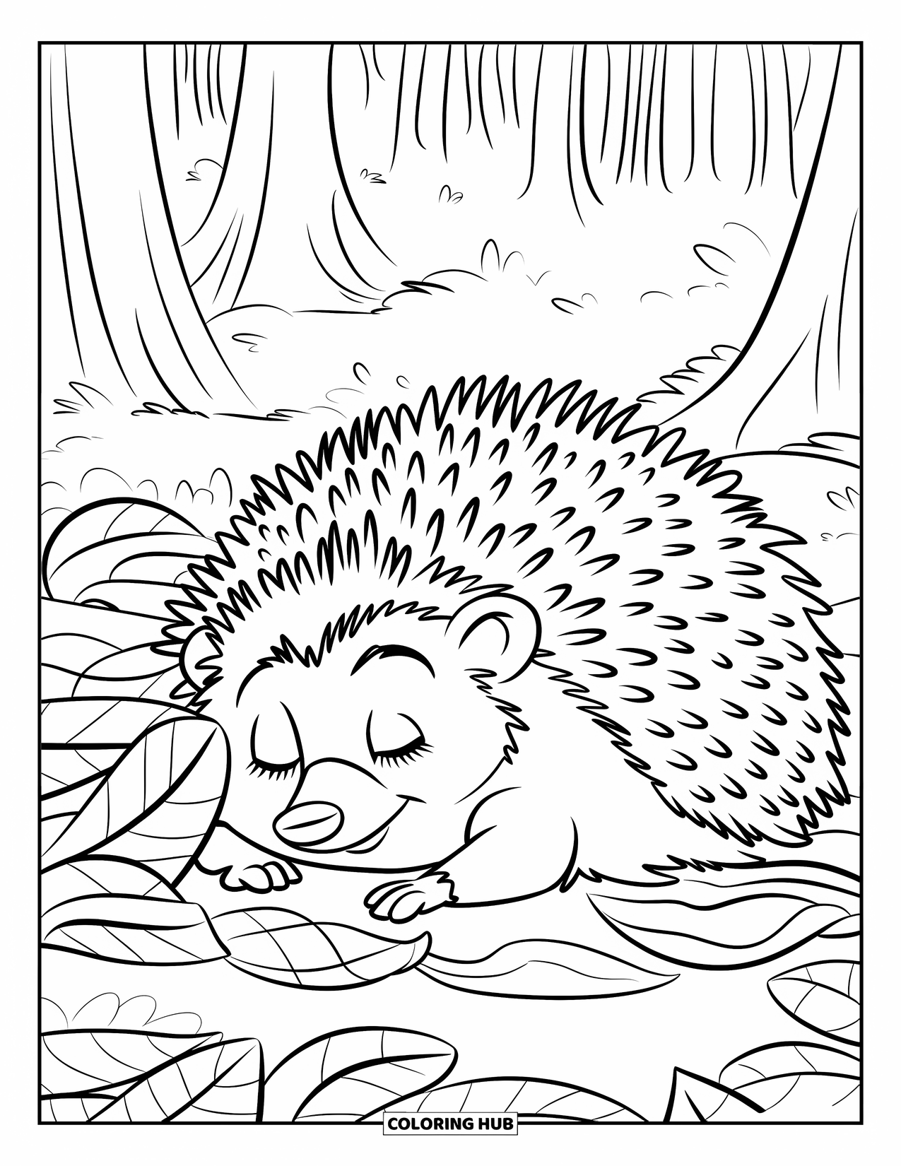 Hibernating Animals Coloring Page for Kids: A hedgehog hibernates under leaves in a peaceful forest