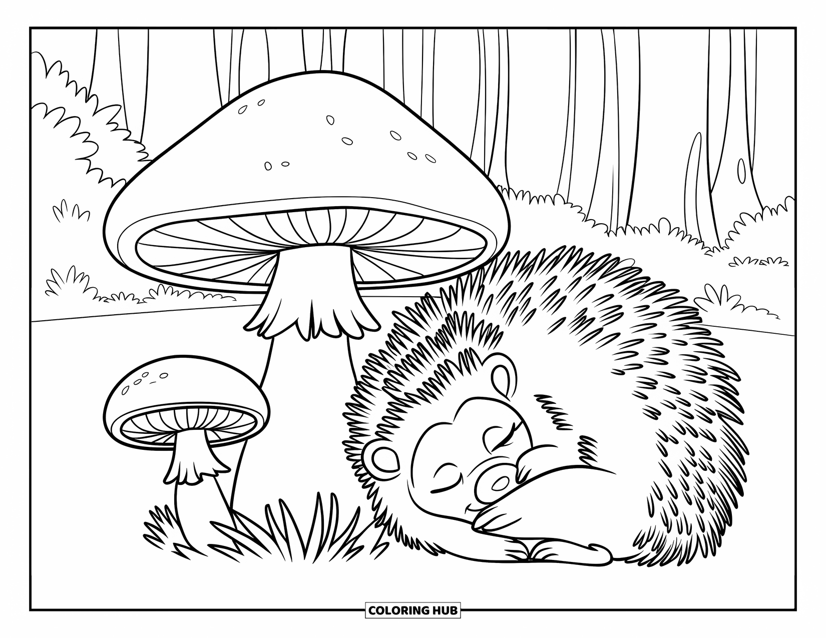 Hibernating Animals Coloring Page for Kids: A hedgehog is tucked in a ball, hibernating beside mushrooms in the forest