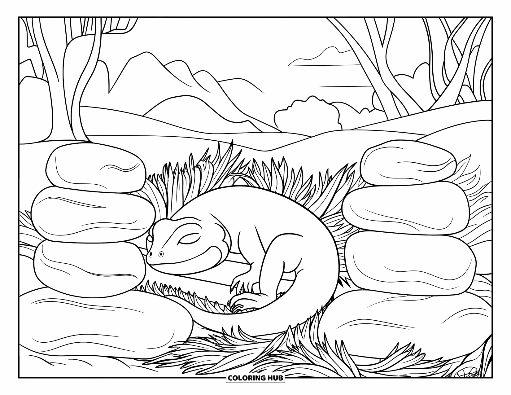 Hibernating Animals Coloring Page for Kids: A hibernating lizard wraps around a stick near rocks and dry plants