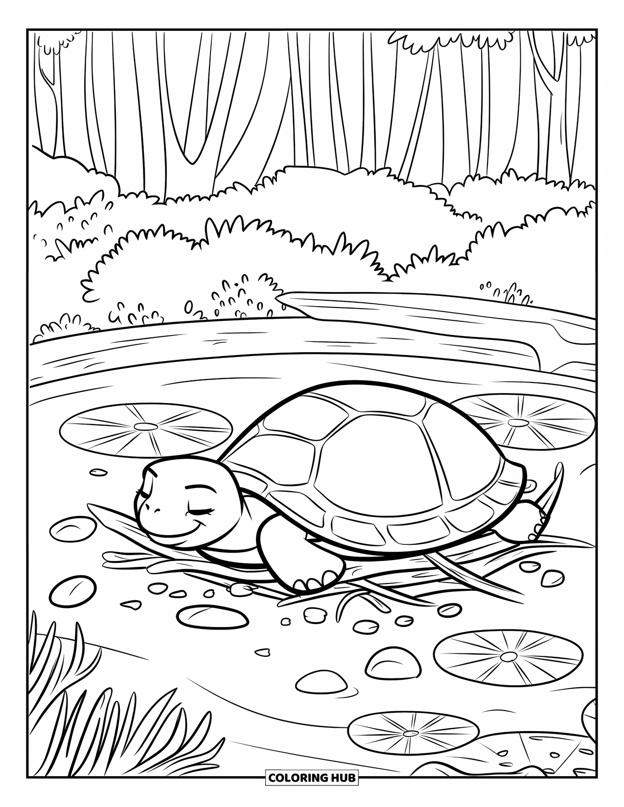 Hibernating Animals Coloring Page for Kids: A hibernating turtle rests on soft rocks and sticks under calm pond water