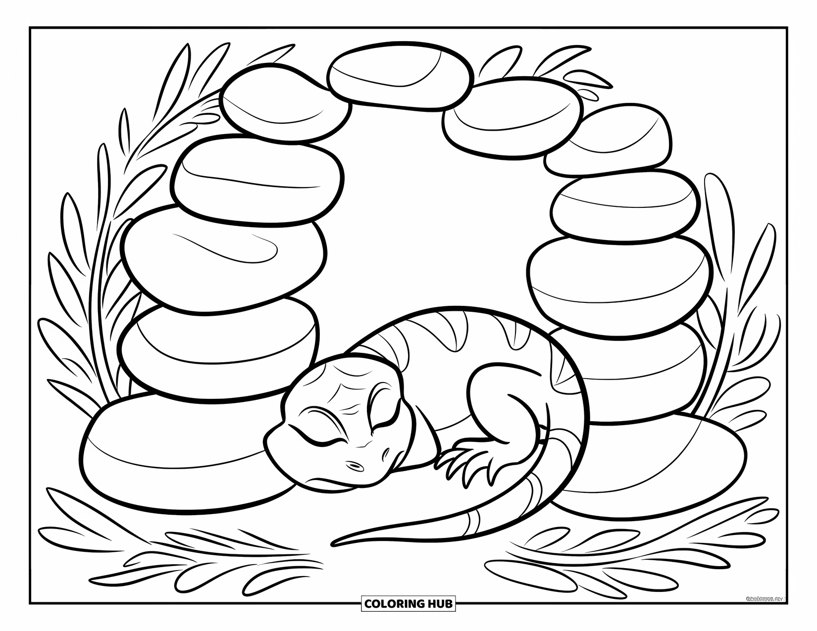 Hibernating Animals Coloring Page for Kids: A lizard hibernates curled between stones and dry leaves in a quiet spot