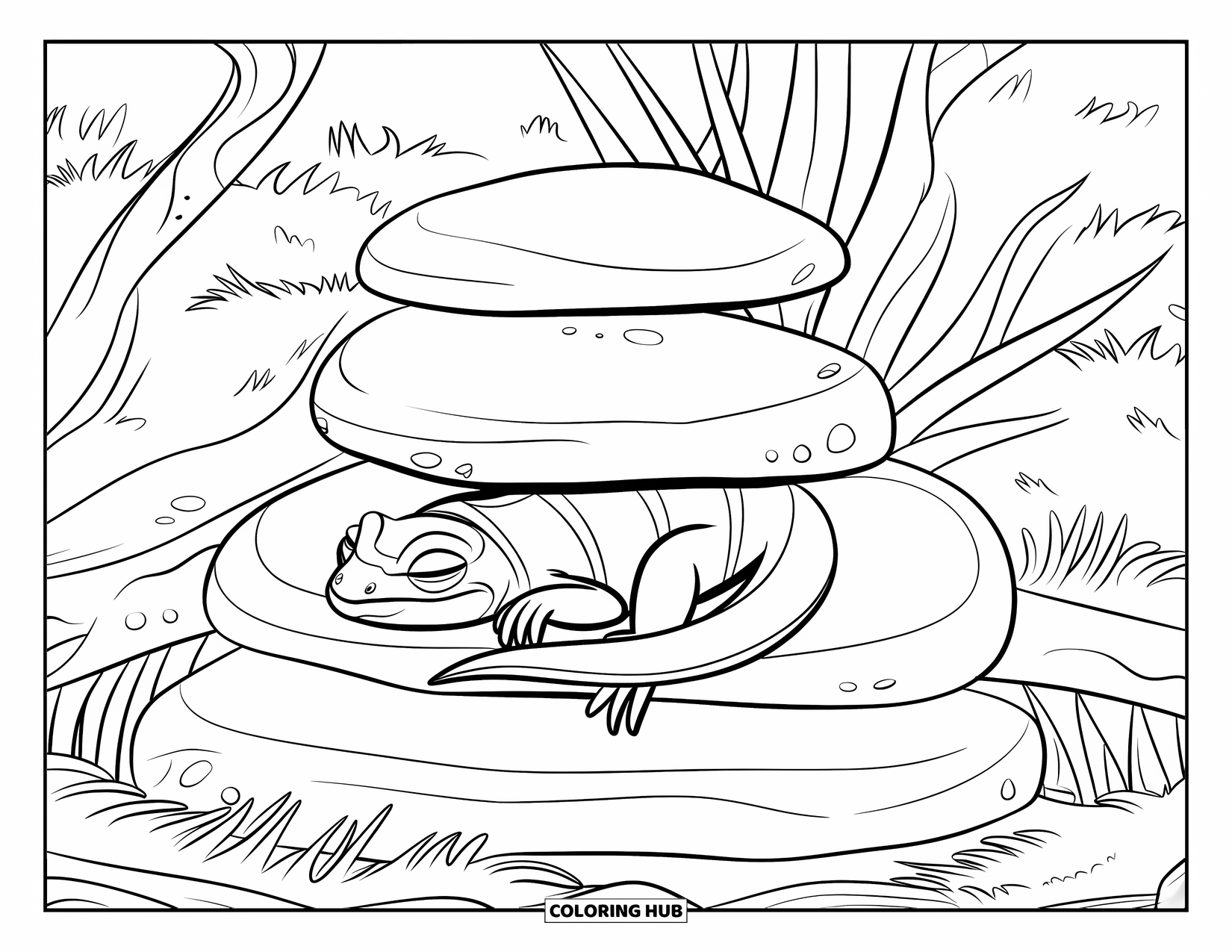 Hibernating Animals Coloring Page for Kids: A lizard hibernates curled up with dry leaves between grassy stones