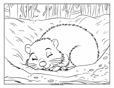 Desen de colorat cu animale care hibernează pentru copii: O marmotă adormită hibernează în vizuina sa înconjurată de movile de pământ moale