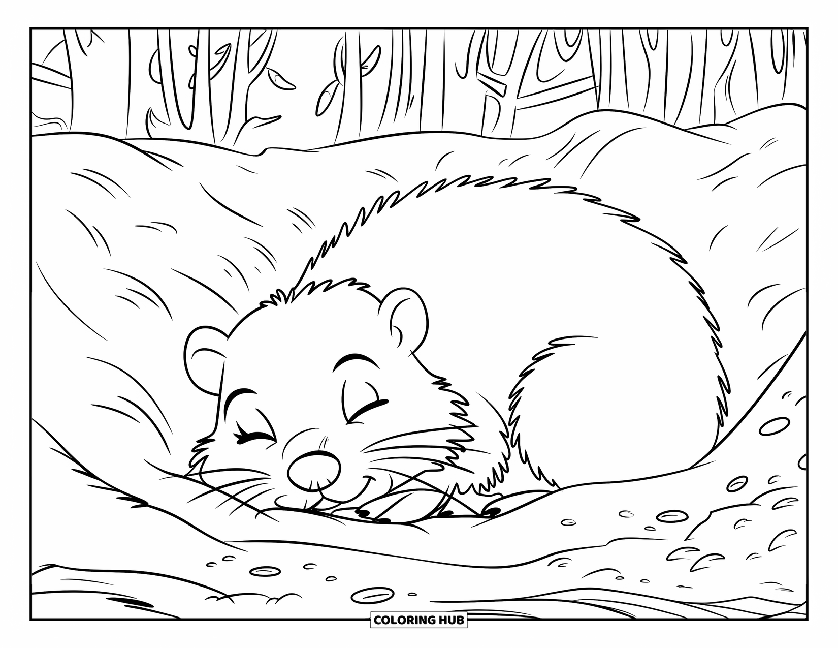 Hibernating Animals Coloring Page for Kids: A sleepy groundhog hibernates in its den surrounded by soft dirt mounds