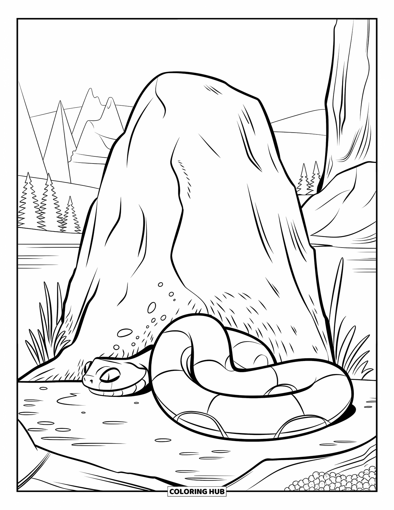 Hibernating Animals Coloring Page for Kids: A snake hibernates curled near a large rock with plants nearby