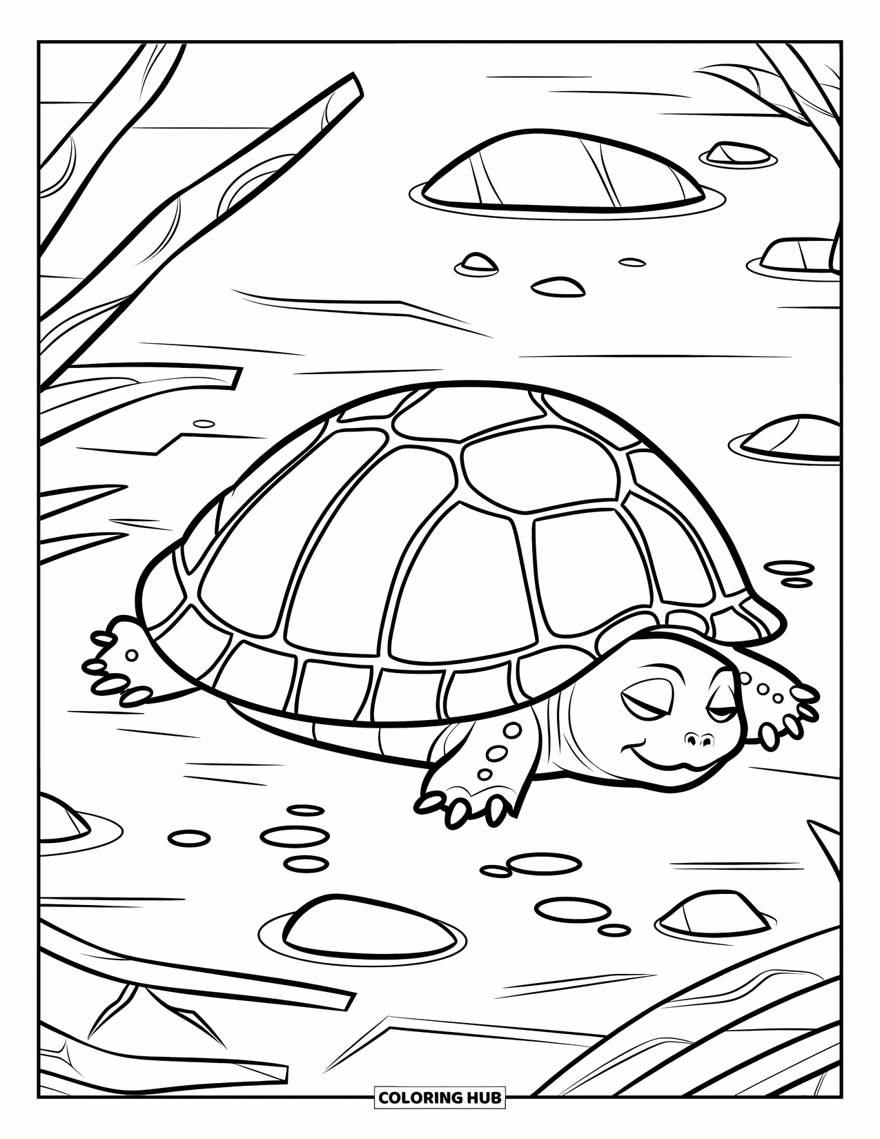 Hibernating Animals Coloring Page for Kids: A turtle hibernates on the clear pond floor with pebbles and twigs nearby
