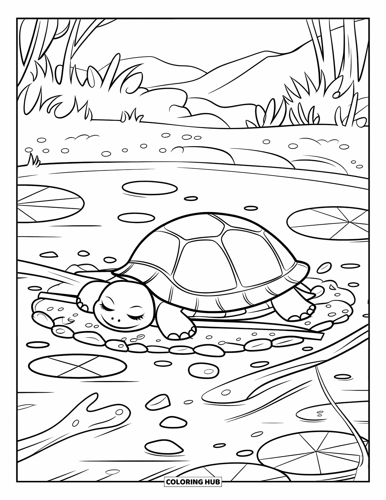 Hibernating Animals Coloring Page for Kids: A turtle hibernates on the pond bed, surrounded by stones and lily pads