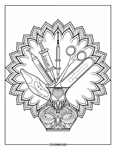 Coloriage d'hôpital pour adultes : Un bouquet d'outils médicaux encadré de magnifiques pétales en mandala
