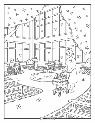 Coloriage d'hôpital pour adultes : Une cour apaisante avec des fleurs, des arbres et des visiteurs souriants de l'hôpital