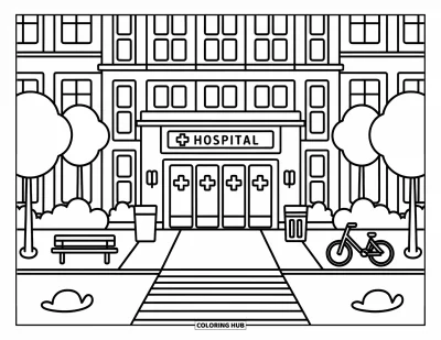 Coloriage d'hôpital pour adultes : Un hôpital pédiatrique joyeux avec de grandes fenêtres, des arbres et une entrée accueillante