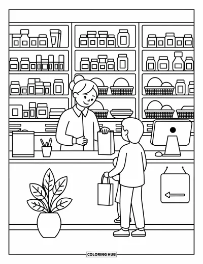 Coloriage d'hôpital pour adultes : Une pharmacie d'hôpital joyeuse avec un pharmacien souriant et un éclairage doux