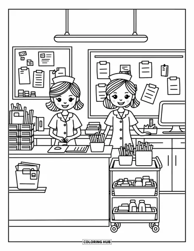 Coloriage d'hôpital pour adultes : Un poste infirmier animé avec des ordinateurs, des presse-papiers et des tableaux d'affichage