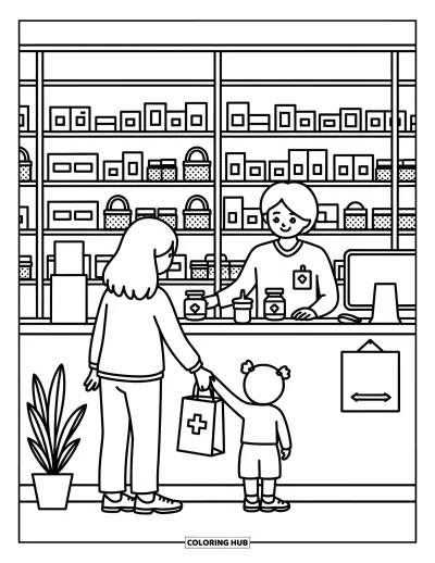 Coloriage d'hôpital pour adultes : Une pharmacie d'hôpital chaleureuse où un parent et son enfant viennent chercher des médicaments
