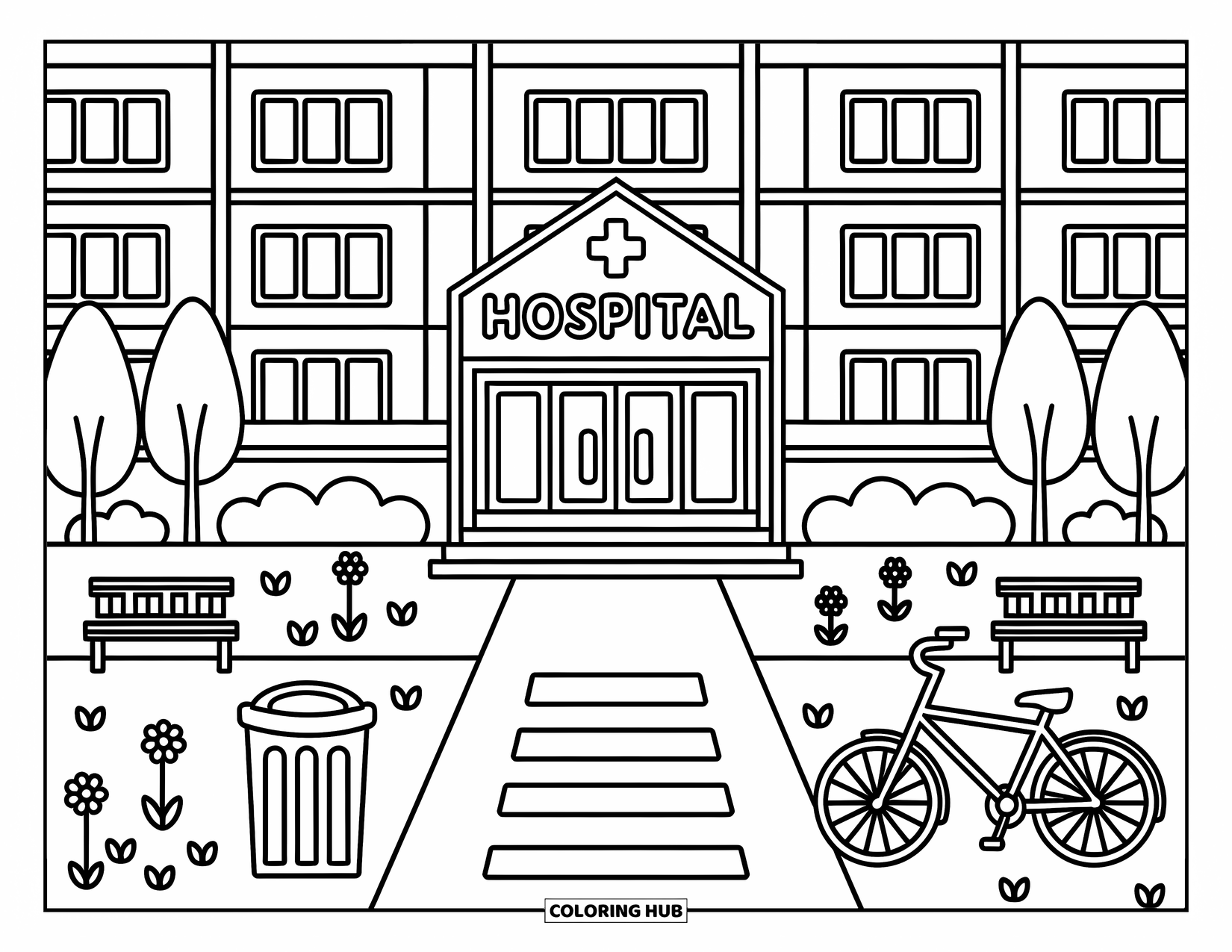 Hospital Coloring Page for Adults: A cozy hospital with big windows, trees, and benches under soft sunlight