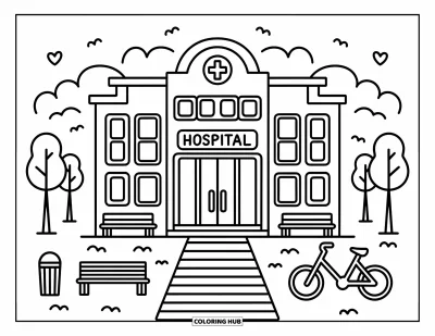 Coloriage d'hôpital pour adultes : Un bâtiment hospitalier accueillant avec des arbres, un passage piéton et un vélo garé