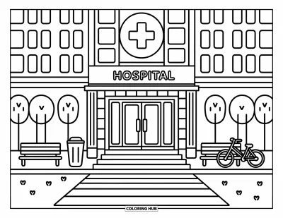 Coloriage d'hôpital pour adultes : Vue de façade d'un hôpital avec des bancs, des arbres et un vélo près du passage piéton