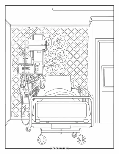 Coloriage d'hôpital pour adultes : Un lit d'hôpital avec des machines à côté d'un mur à treillis fleuri