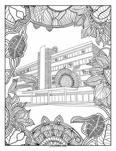 Coloriage d'hôpital pour adultes : Un bâtiment hospitalier encadré de lierres et de feuilles en motif mandala