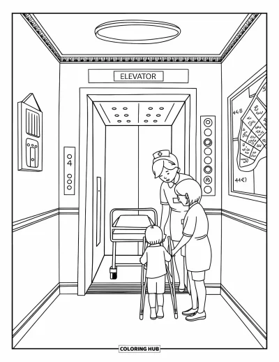 Coloriage d'hôpital pour adultes : Une infirmière bienveillante aide un enfant avec des béquilles pendant qu'un parent attend à côté