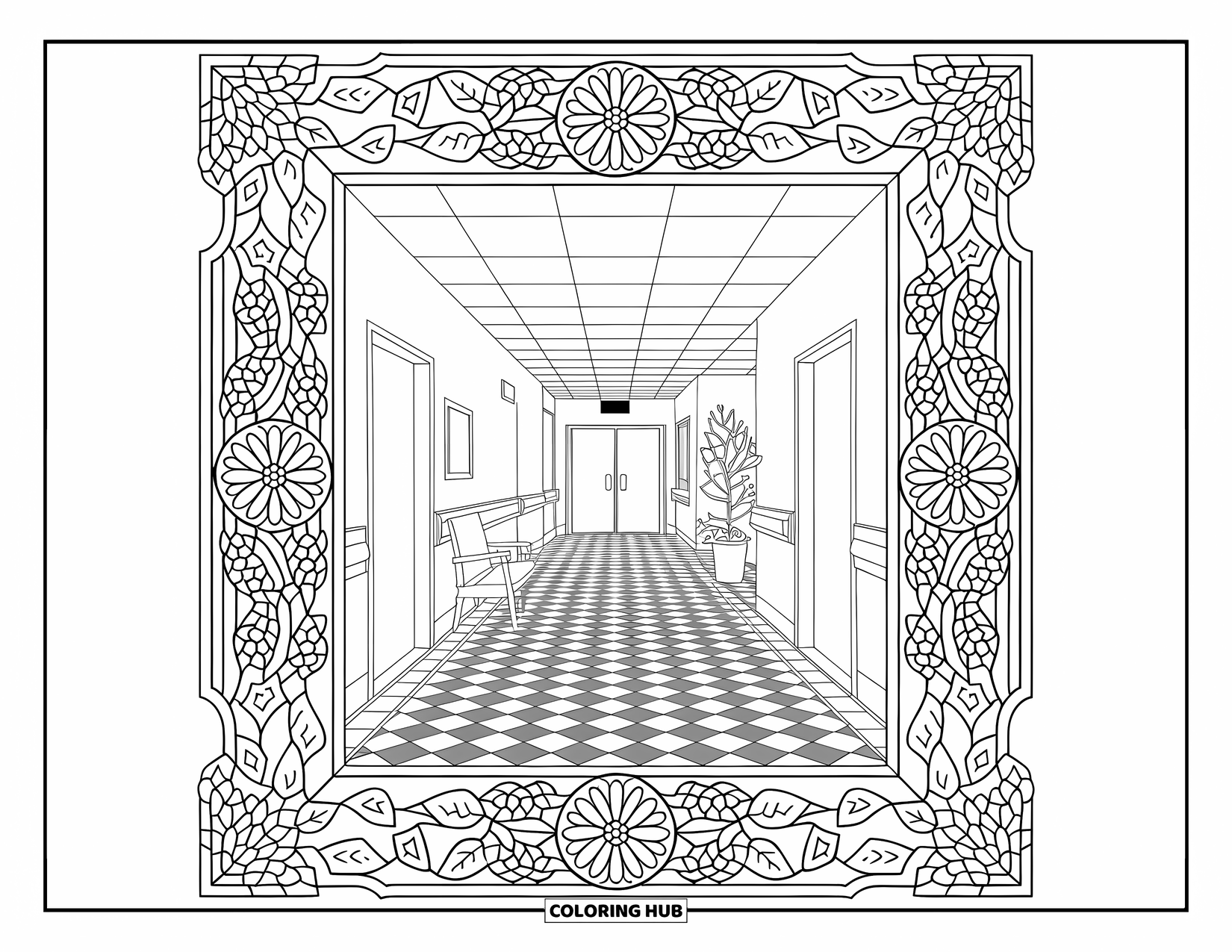 Hospital Coloring Page for Adults: A long hospital corridor with doors, chairs, and floral geometric borders