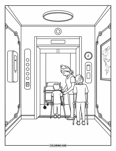 Coloriage d'hôpital pour adultes : Une infirmière accompagne un enfant dans un ascenseur sous le regard bienveillant d'un parent