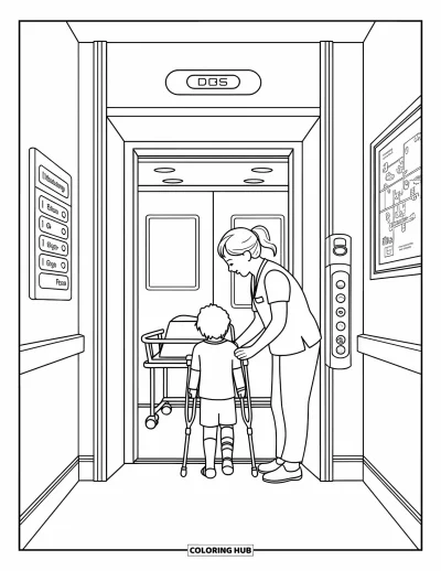 Coloriage d'hôpital pour adultes : Une scène d'ascenseur hospitalier avec une infirmière, un parent et un enfant réunis