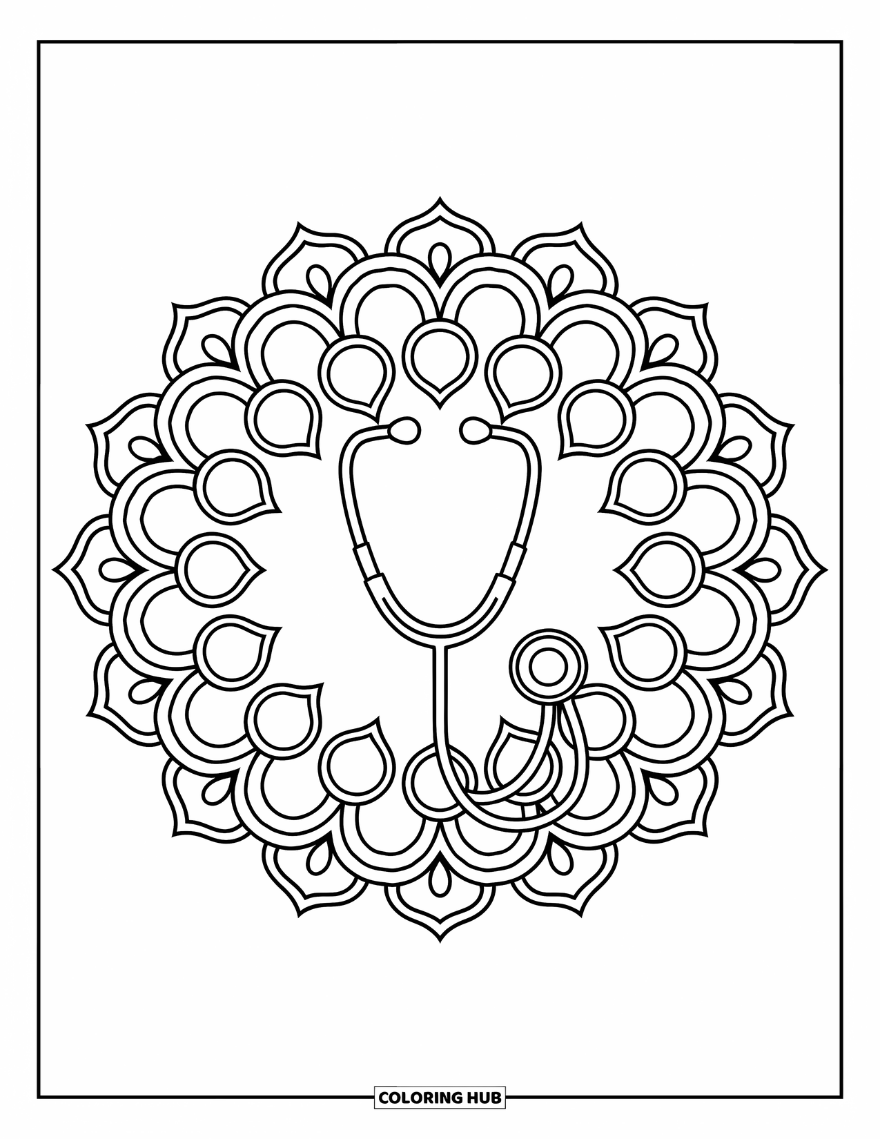 Hospital Coloring Page for Adults: A stethoscope at the heart of a radiating floral mandala design