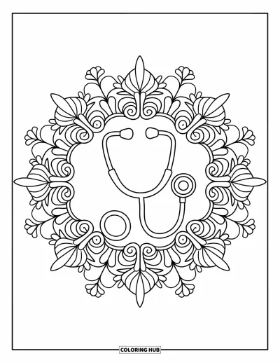 Coloriage d'hôpital pour adultes : Un stéthoscope au cœur d'un mandala de fleurs et de feuilles aux détails soignés