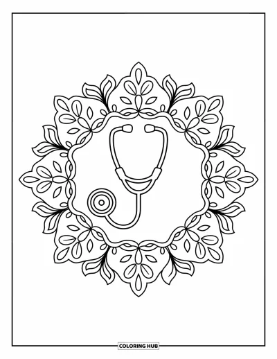 Coloriage d'hôpital pour adultes : Un stéthoscope repose au centre d'un mandala floral aux détails raffinés